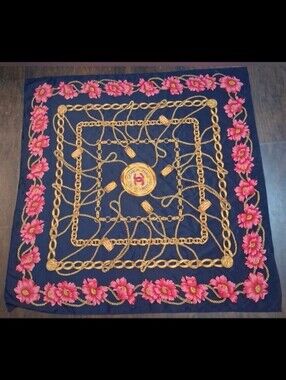 EUC Vintage 90s RARE Chanel 31 Rue Cambon Blue Silk Floral Gold Chain Scarf